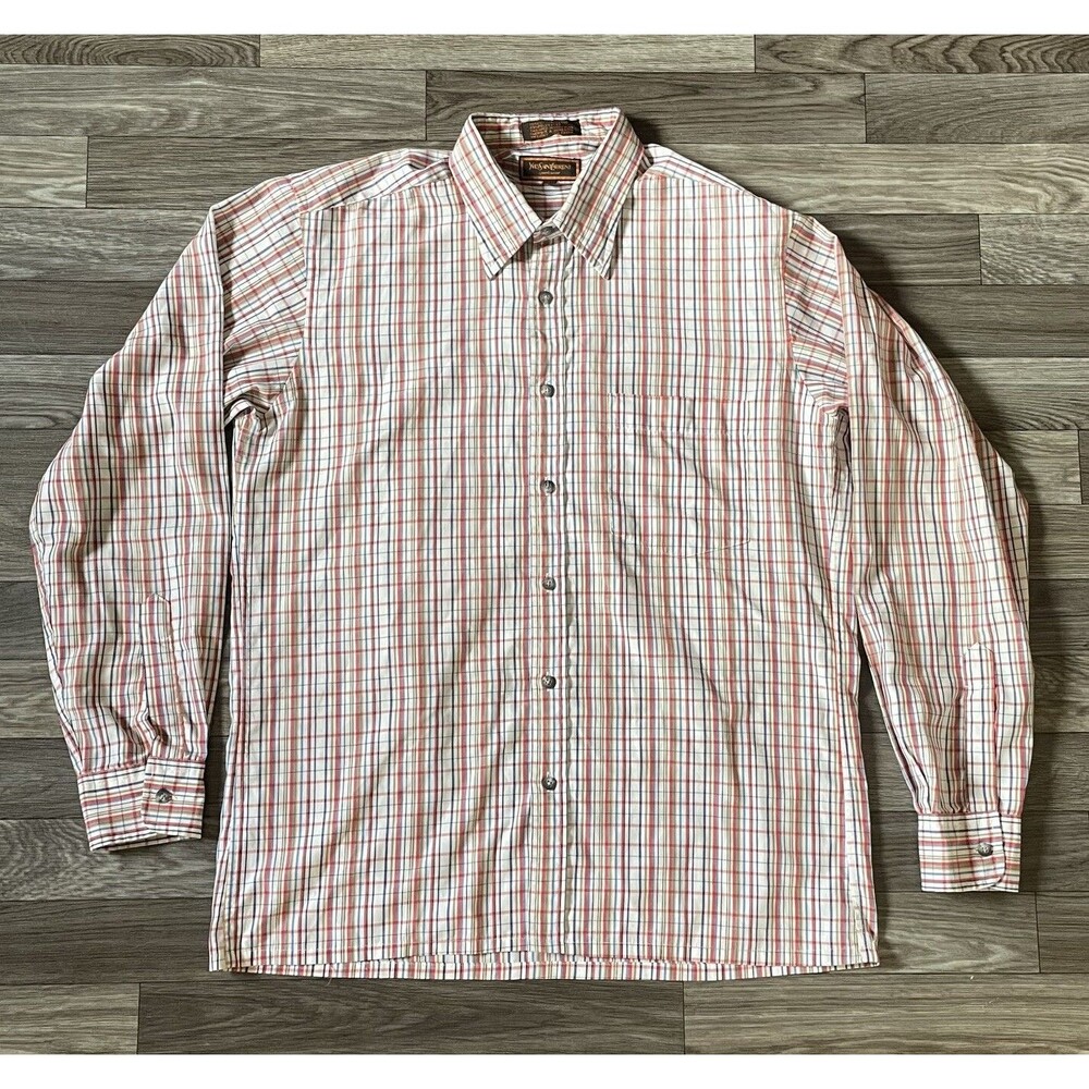 Vintage Yves Saint Laurent Button Down Shirt Men’s Large Long Sleeve Plaid YSL